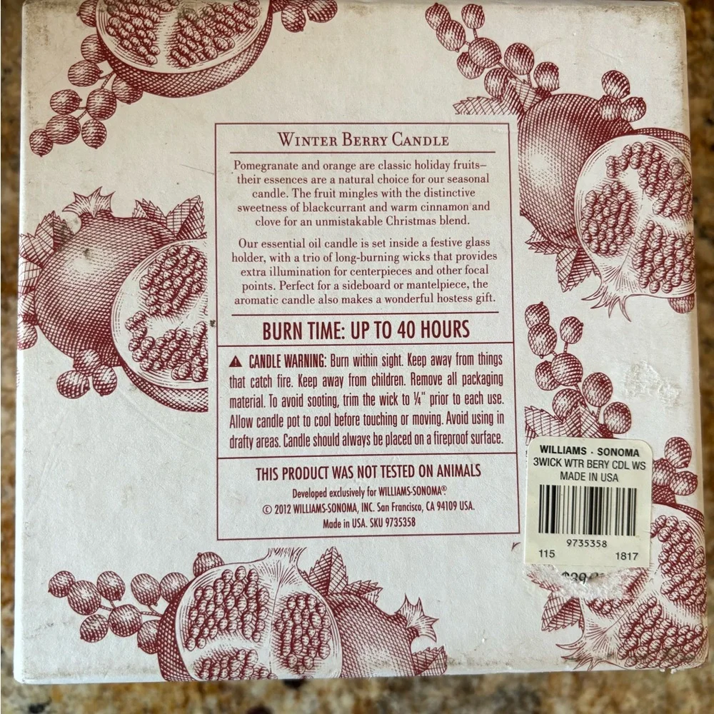 Williams-Sonoma NWT Christmas Winter Berry 3 wick candle in decorative glass